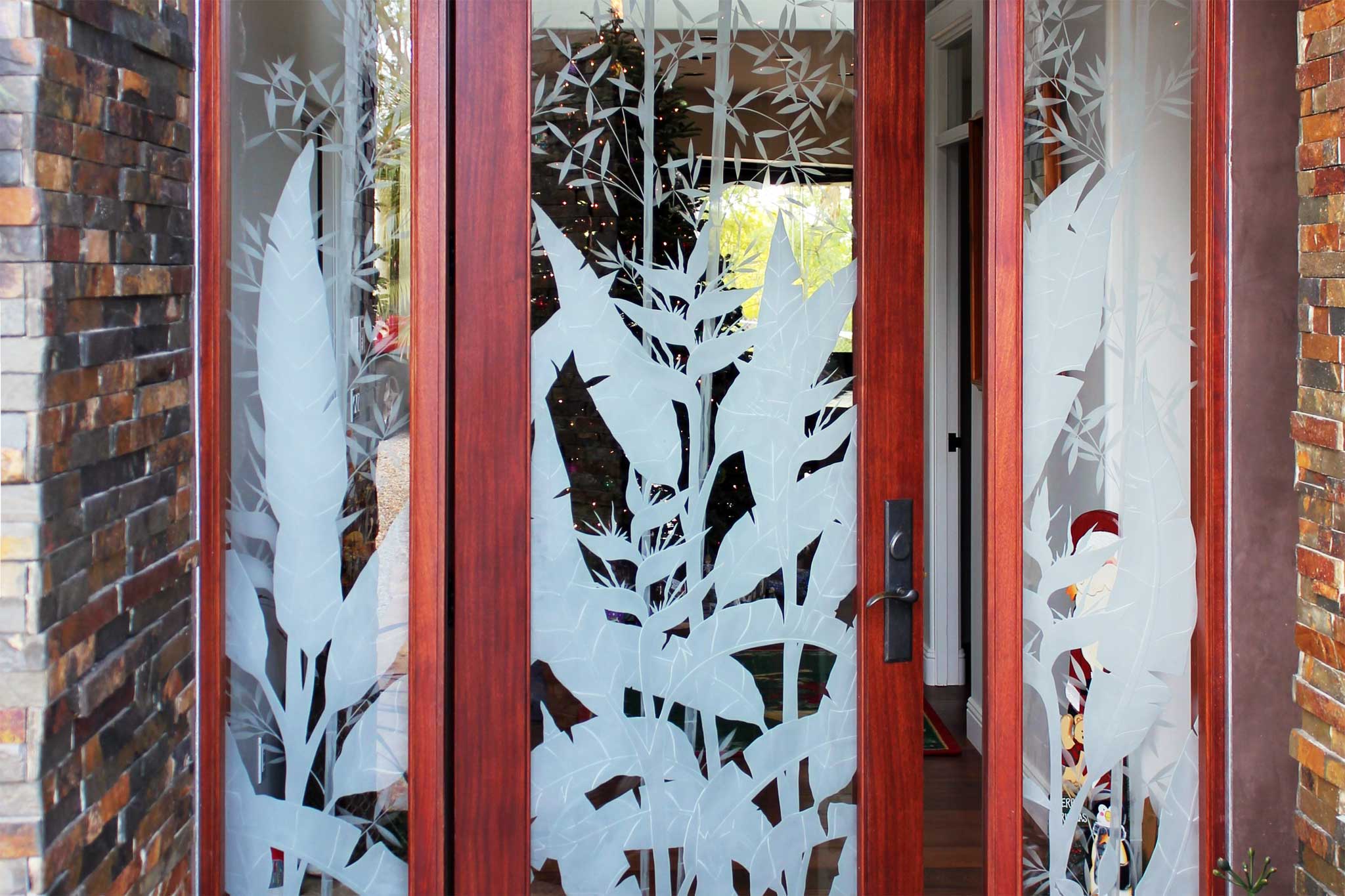 Sandblasted and Etched Glass Designs for Doors, Windows, Signage, Room Dividers, and More