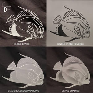 Sample Styles of Glass Etching and Sandblasted Glass by Experience Glass, Carlsbad, California