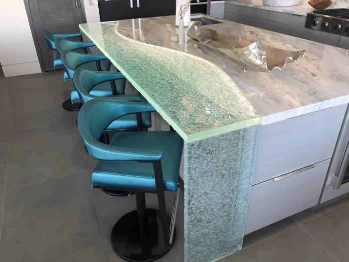 cast thick solid glass countertop with wave design