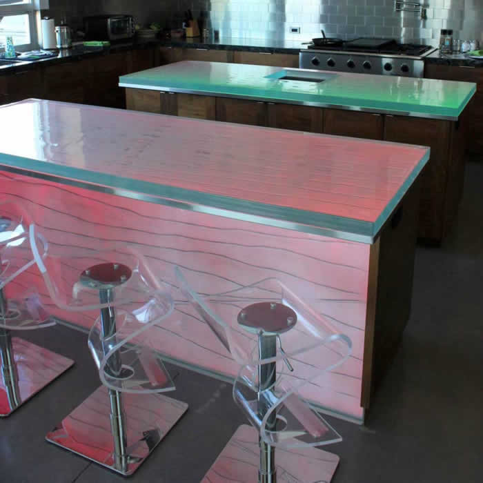 solid glass kitchen countertop, glass countertop with colored LED backlighting