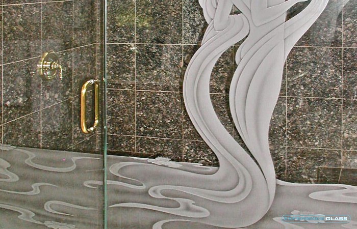 Sandblasted Shower enclosure - This deep carved sandblasted shower is sure to make your bathroom more beautiful. Sandblasting and etching is another popular art medium to personalize your space.